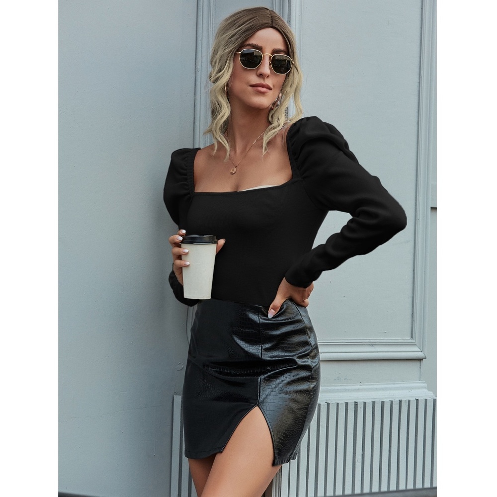 Puff Shoulder Square Neck Black Knit Top